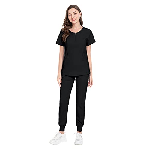 PengGengA Damen Arbeitskleidung Uniform Top und Hose Rundhals Kurzarm Hemden, Schwarz, L von PengGengA