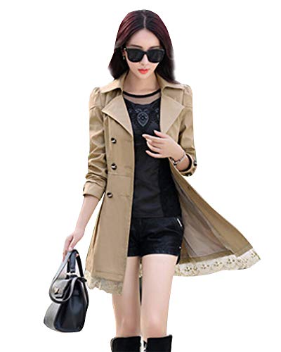 PengGengA Damen Freizeit Zweireiher Kantenstreifen Bogen Trenchcoat Jacke Spitzensaum Mantel Mit Gürtel Kaki L von PengGengA