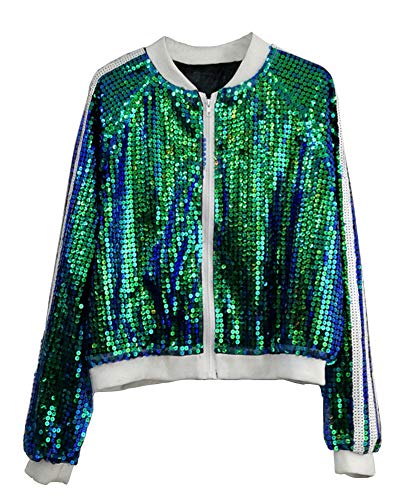 PengGengA Damen Glitzer Pailletten Jacke Langarm Reißverschluss Cardigan Volltonfarbe Outwear Für Club Party Leistung Grün von PengGengA