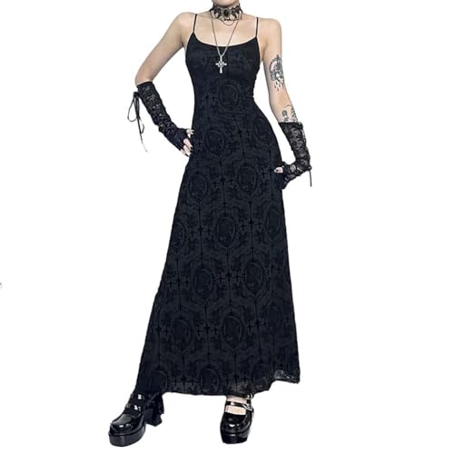 PengGengA Damen Gothic Maxikleid mit Spaghettiträgern Ärmellos Alternative Witchcore Kleid Lange Abendkleid Cocktailkleid Sexy Elegant Partykleid PengGengA Damen Gothic Maxikleid mit Spaghettiträgern Ärmellos Alternative Witchcore Kleid Lange Abendkleid Cocktailkleid Sexy Elegant Partykleid von PengGengA