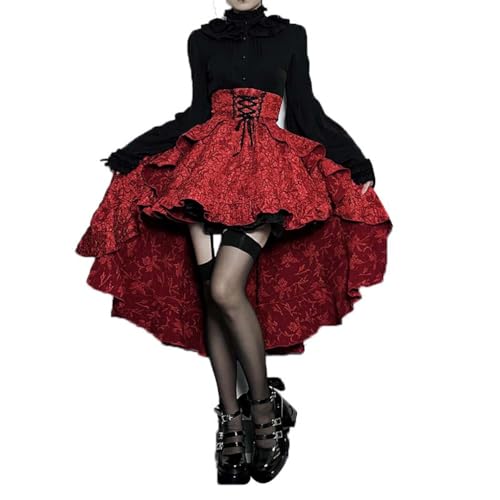 PengGengA Damen Gothic Rock Viktorianischen Lolita Rüschenrock für Steampunk & Cosplay Hoher Taille Asymmetrischer Partyrock in Rot von PengGengA