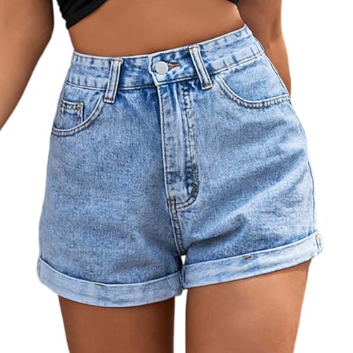 PengGengA Damen Hohe Taille Jeansshorts Retro Sommer Hotpants Trendy Casual Stretch Denim Shorts mit Taschen von PengGengA