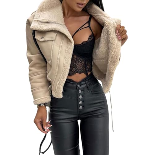 PengGengA Damen Kunstlederjacke Winterjacke Wildlederimitat Jacke Mantel Revers Plüschjacke Motorrad Jacke Reißverschluss Bikerjacke Parka Outwear von PengGengA