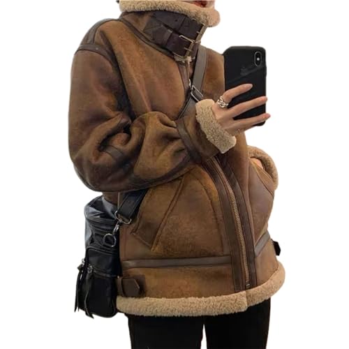 PengGengA Damen Kunstlederjacke Winterjacke Wildlederimitat Jacke Mantel Winter Plüschjacke Reißverschluss Bikerjacke Parka Outwear - Braun, L von PengGengA