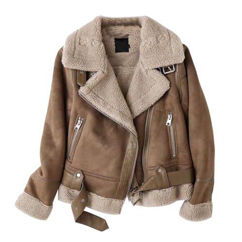 PengGengA Damen Kunstlederjacke Winterjacke Wildlederimitat Mantel Langarm Reißverschluss Reverskragen Jacken Motorradjacke - Khaki, XL von PengGengA