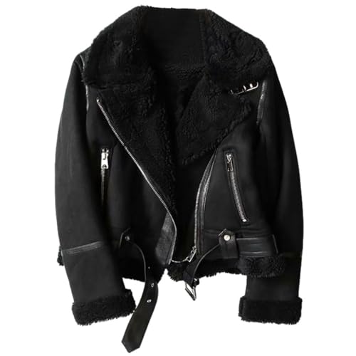 PengGengA Damen Kunstlederjacke Winterjacke Wildlederimitat Mantel Langarm Reißverschluss Reverskragen Jacken Motorradjacke - Schwarz, L von PengGengA