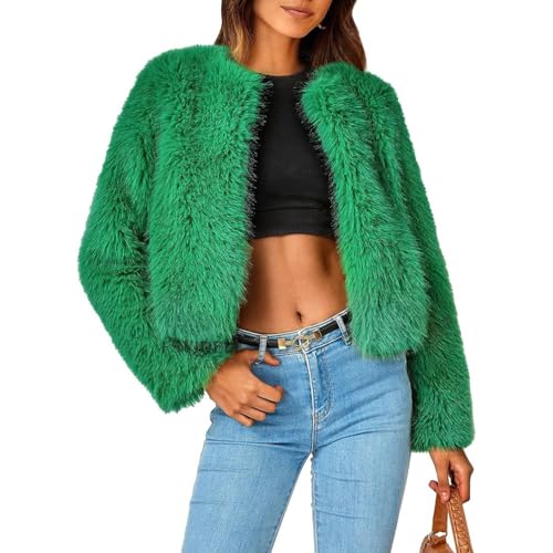 PengGengA Damen Kunstpelz Mantel Crop Pelzmantel Einfarbige Winterjacke Warme Wintermantel Übergangsjacke Kurz Pelzjacke - Grün, L von PengGengA