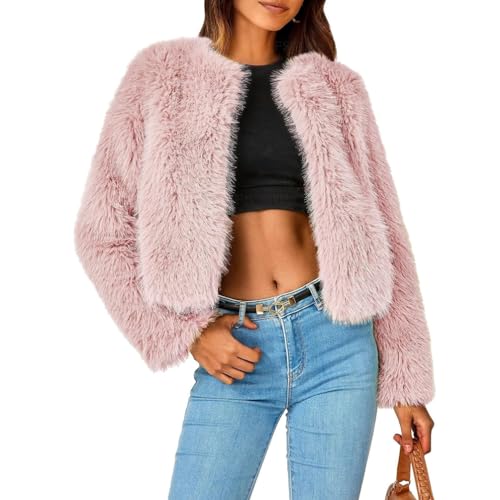 PengGengA Damen Kunstpelz Mantel Crop Pelzmantel Einfarbige Winterjacke Warme Wintermantel Übergangsjacke Kurz Pelzjacke - Rosa, L von PengGengA