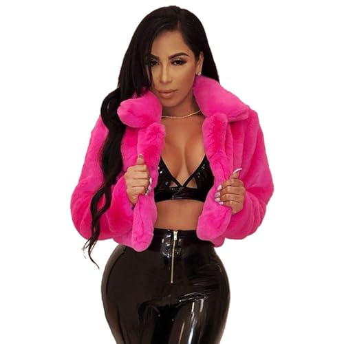 PengGengA Damen Kunstpelz Mantel Crop Winterjacke Warme Wintermantel Langarm Übergangsjacke mit Umlegekragen Plüsch Jacke Outwear - Rose, M von PengGengA