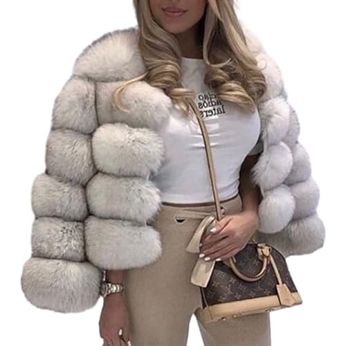 PengGengA Damen Kunstpelz Mantel Faux Pelz Winterjacke Kunstfell Oberbekleidung Offener Front Crop Dicker Parka Wintermantel Warm Plüschjacke - Ben, L von PengGengA