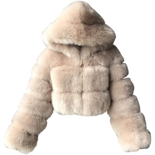 PengGengA Damen Kunstpelz Mantel Winterjacke Kurz Kunstpelz Mäntel Winter Pelzmantel mit Kaputze Rundhals Felljacke Outwear Oberteile Tops - Beige, L von PengGengA