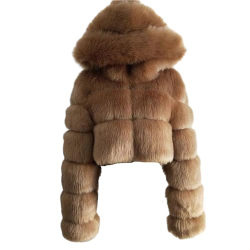PengGengA Damen Kunstpelz Mantel Winterjacke Kurz Kunstpelz Mäntel Winter Pelzmantel mit Kaputze Rundhals Felljacke Outwear Oberteile Tops - Kaffee, S von PengGengA