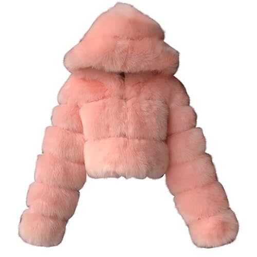 PengGengA Damen Kunstpelz Mantel Winterjacke Kurz Kunstpelz Mäntel Winter Pelzmantel mit Kaputze Rundhals Felljacke Outwear Oberteile Tops - Rosa, XL von PengGengA