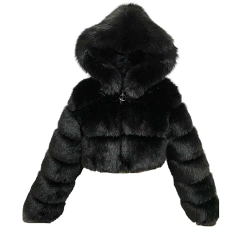 PengGengA Damen Kunstpelz Mantel Winterjacke Kurz Kunstpelz Mäntel Winter Pelzmantel mit Kaputze Rundhals Felljacke Outwear Oberteile Tops - Schwarz, S von PengGengA