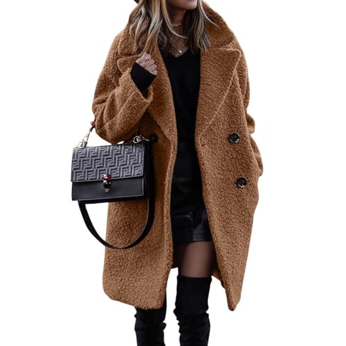 PengGengA Damen Kunstpelz Mantel Winterjacke Parka Elegant Trenchcoat Plüschjacke Plüschmantel Teddy Fleece Jacke Lang Cardigan Outwear - Karamell, S von PengGengA