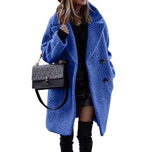 PengGengA Damen Kunstpelz Mantel Winterjacke Parka Elegant Trenchcoat Plüschjacke Plüschmantel Teddy Fleece Jacke Lang Cardigan Outwear - Königsblau, XL von PengGengA