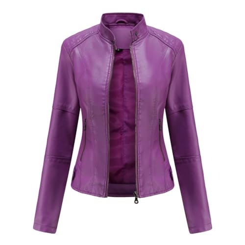 PengGengA Damen PU Lederjacke Kurz Bikerjacke Stehkragen Reißverschluss Kunstleder Jacke Übergangsjacke - Lila, XS von PengGengA