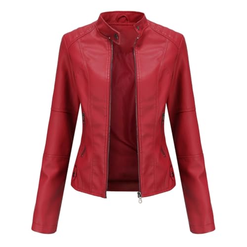 PengGengA Damen PU Lederjacke Kurz Bikerjacke Stehkragen Reißverschluss Kunstleder Jacke Übergangsjacke - Rot, XS von PengGengA