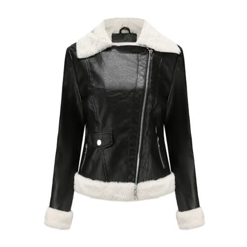 PengGengA Damen PU Lederjacke Winterjacke mit Kunstfell gefüttert Kurz Bikerjacke Reverskragen Motoradjacke Kunstleder Jacke - Schwarz, XS von PengGengA