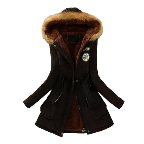 PengGengA Damen Parka, Lang Winterjacke Warm Fleece Gefütterter Wintermantel mit Kapuze Outdoorjacke - Schwarz, L von PengGengA