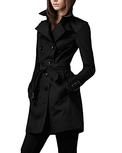 PengGengA Damen Revers Elegant Trenchcoat Zurück Geteilt Übergang Kurzer Absatz Klassischer Mantel Jacke Trench Mit Gürtel Schwarz L von PengGengA