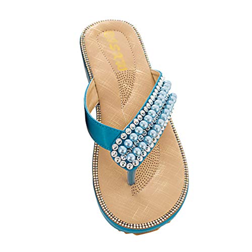 PengGengA Damen Sandalen Sommer Strass Zehensandalen Rutschfest Böhmen T-Strap Lässig Flip Flops Zehentrenner (Blau, 40 EU) von PengGengA