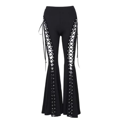PengGengA Damen Schwarze Gothic Hose Ausgehöhlte Schlaghosen Hohe Taille Durchscheinend Bell Bottom Hose Party Streetwear Clubwear PengGengA Damen Schwarze Gothic Hose Ausgehöhlte Schlaghosen Hohe Taille Durchscheinend Bell Bottom Hose Party Streetwear Clubwear von PengGengA