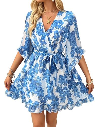 PengGengA Damen Sommer Wickelkleid mit Gürtel V-Ausschnitt 3/4 Ärmel Cocktailkleid Rüschen Saum Blumenkleid Midikleid Partykleid Sommerkleid von PengGengA