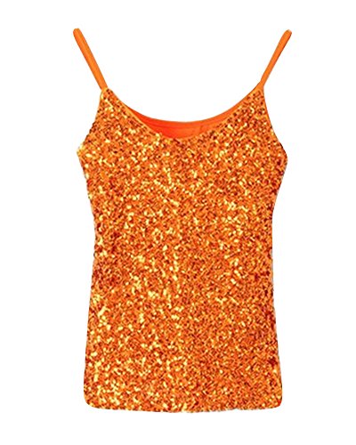 PengGengA Damen Sparkle Glitzer Pailletten Slim Ärmellos Boot-Ausschnitt Metallic Effekt Trägertop Tank Top Orange Einheitsgröße von PengGengA