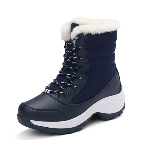 PengGengA Damen Winterstiefel,Warme Gefüttert Winterschuhe High-top Schneestiefel Wanderschuhe - Dunkelblau, CN41 von PengGengA