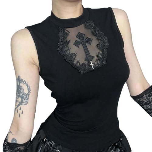 PengGengA Damen Y2k Oberteile Tank Tops Ärmelloses Gothic Crop Top mit Kreuz-Applikation Mesh Spitzen Patchwork Streetwear Kleidung PengGengA Damen Y2k Oberteile Tank Tops Ärmelloses Gothic Crop Top mit Kreuz-Applikation Mesh Spitzen Patchwork Streetwear Kleidung von PengGengA