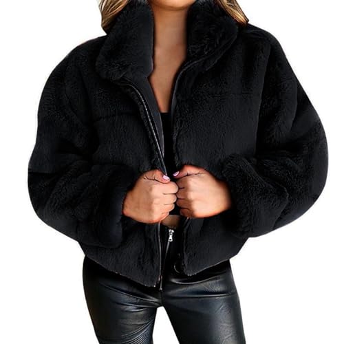 PengGengA Fleecejacke Damen Plüschjacke Reißverschluss mit Taschen Kurze Kunstpelz Mantel Jacke Winterjacke - Schwarz, M von PengGengA