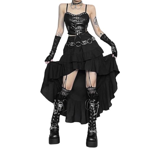 PengGengA Gothic High-Low Rock Asymmetrischer Stufenrock Schwarz Boho Rüschenrock mit Stufen Halbrock Frauen Vintage Stil Partyrock PengGengA Gothic High-Low Rock Asymmetrischer Stufenrock Schwarz Boho Rüschenrock mit Stufen Halbrock Frauen Vintage Stil Partyrock von PengGengA