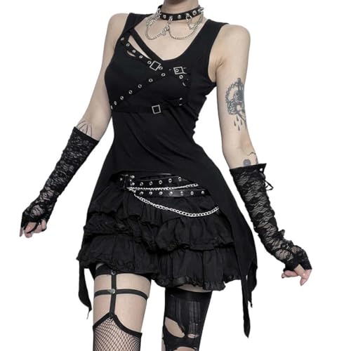 PengGengA Gothic Punk Crop Top Damen Schwarzes Grunge Tank Top mit Ketten Schnallen Punk Cami Oberteil Club Party Emo Y2K Harajuku Streetwear von PengGengA