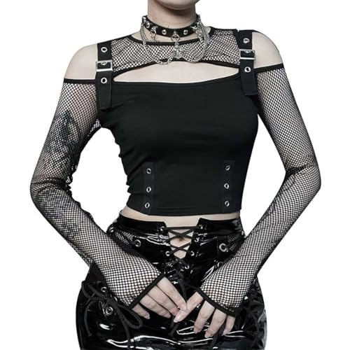 PengGengA Gothic Punk Crop Top Damen Y2k Grunge Punk Oberteil Cut Out Mesh Tops Netz T Shirt Schwarz Streetwear Slim Fit Party Club Outfit von PengGengA