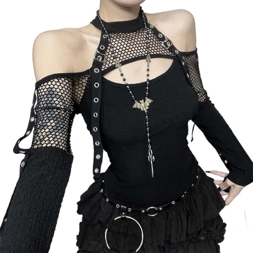 PengGengA Gothic Punk Damen Oberteil Schulterfreies Netzshirt mit Schnallen Langarm Top im Grunge Y2K Emo Streetwear von PengGengA