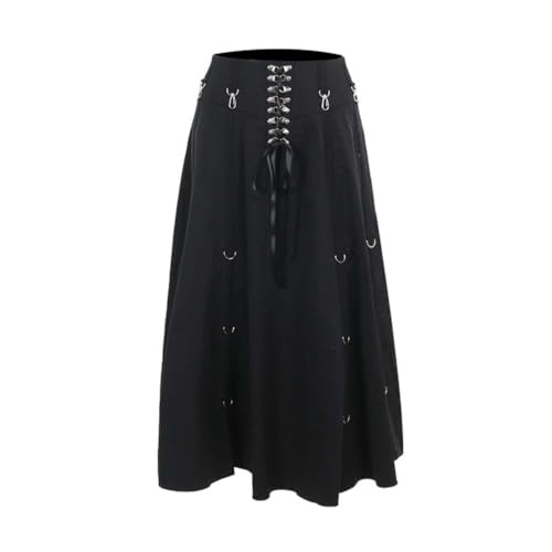 PengGengA Gothic Rock Damen Verstellbare Länge 2-in-1 Steampunk Punk Rock Asymmetrischer Rüschen-Saum Vintage A Linie Midirock von PengGengA