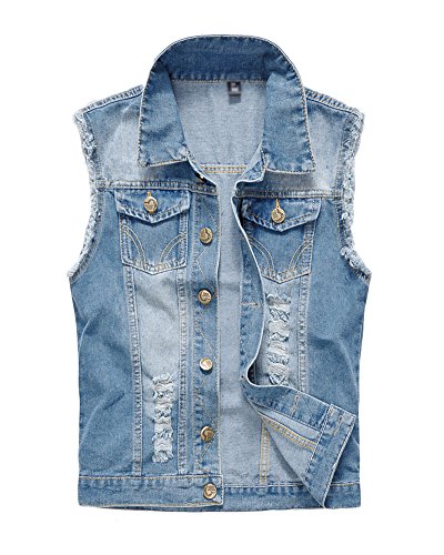 PengGengA Herren Casual Slim Fit Jeansweste Zerrissen Groß Ärmellose Weste Sommer Hellblau 6XL von PengGengA
