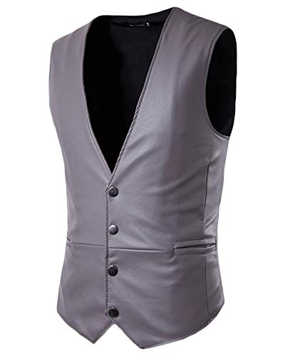 PengGengA Herren Freizeit Weste Herrenweste Slim Fit Party Einreihig Pu-Haut Lederweste Grau L von PengGengA