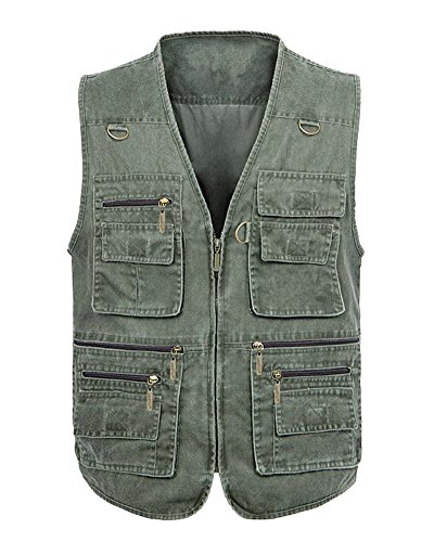PengGengA Herren Stone Washed Denim Multi Taschened Fishing Weste Freizeit Jacke Armee Grün 6XL von PengGengA