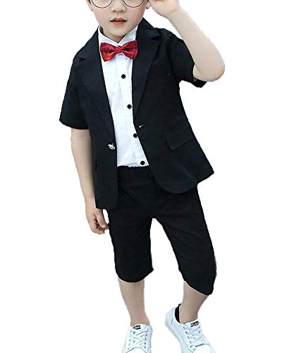 PengGengA Jungen Bekleidungsset Hochzeit Smoking Anzug Leinen 2Pcs Anzug Blazer Bestehend Aus Sakko Hose Schwarz 150 von PengGengA