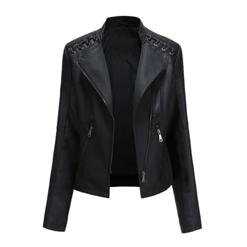 PengGengA PU Lederjacke Damen Kurz Bikerjacke Reverskragen Motoradjacke Kunstleder Jacke Übergangsjacke für Frühling Herbst - Schwarz, XXL von PengGengA