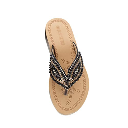 PengGengA Sandalen Damen Bohemia Glitzer Perlen Zehentrenner Freizeit Flache Strand Toe-Thong Sandals (Schwarz, 42 EU) von PengGengA