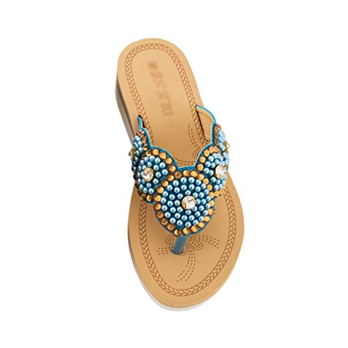 PengGengA Zehentrenner Damen Sommer Böhmen Glitzer Perlen Sandalen Flip Flops Freizeit Flache Toe-Thong Sandals (Blau, 42 EU) von PengGengA