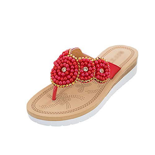 PengGengA Zehentrenner Damen Sommer Böhmen Glitzer Perlen Sandalen Flip Flops Freizeit Flache Toe-Thong Sandals (Rot, 42 EU) von PengGengA