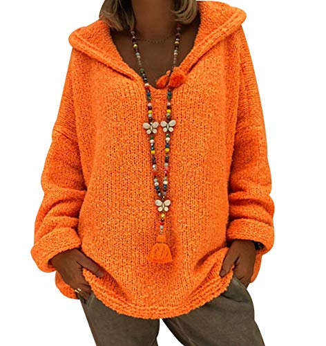 Grobstrick Schicke Pullover Mit Kapuze Damen Strickpullover Kapuzenpullover Strick Pulli Damen Pullis Sweater Feinstrickpullover Langarm Frauen Strickpulli Damenpulli Winterpulli Winter Orange XL von Pengniao