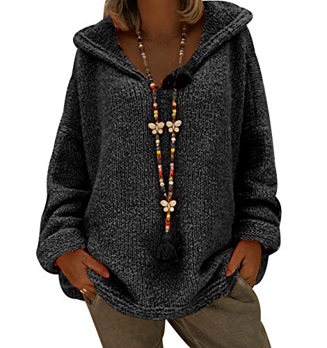 Grobstrick Schicke Pullover Mit Kapuze Damen Strickpullover Kapuzenpullover Strick Pulli Damen Pullis Sweater Feinstrickpullover Langarm Frauen Strickpulli Damenpulli Winterpulli Winter Schwarz XL von Pengniao