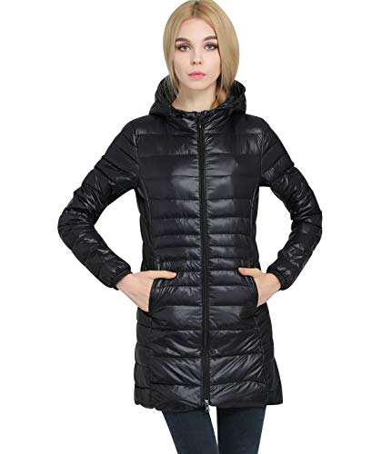 Leichte Daunenjacke Damen Lang Mit Kapuze Steppjacke Langer Daunenmantel Damen Stepp Winter Daunen Winterjacke Damen Leicht Dünne Steppjacken Frauen Federleichte Softdaunenjacke Übergangsjacke Schwarz von Pengniao