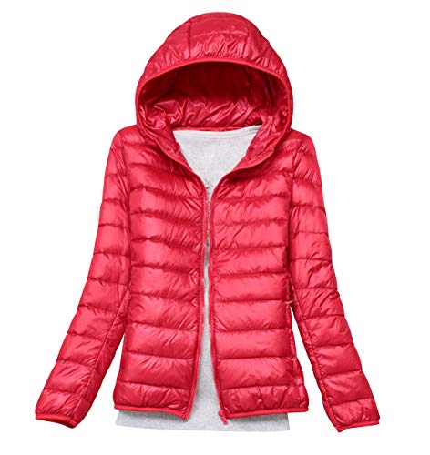 Pengniao Damen leichte daunenjacke mit kapuze ultra light stopfbarer gefüllt coat parka gesteppte padded puffer jacket klein rot von Pengniao