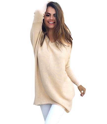 Longpullover Strick Strickpullover Damen Oversize Lange Pullover V Ausschnitt Frauen Pullis Sweater Strickpullis Damen Longpullis Winterpullover Long Pullover Kleid Winterpulli Damenpulli Aprikose XL von Pengniao